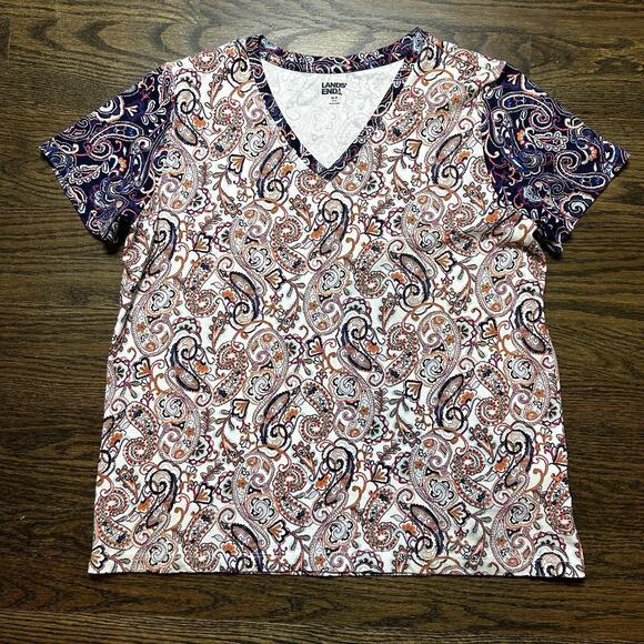 Lands End Shirt Womens Medium 10-12 Blue Red Paisely V Neck Short Sleeve Casual - Picture 1 of 9
